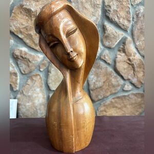 Numbered carved Monkey Pod wood Madonna bust